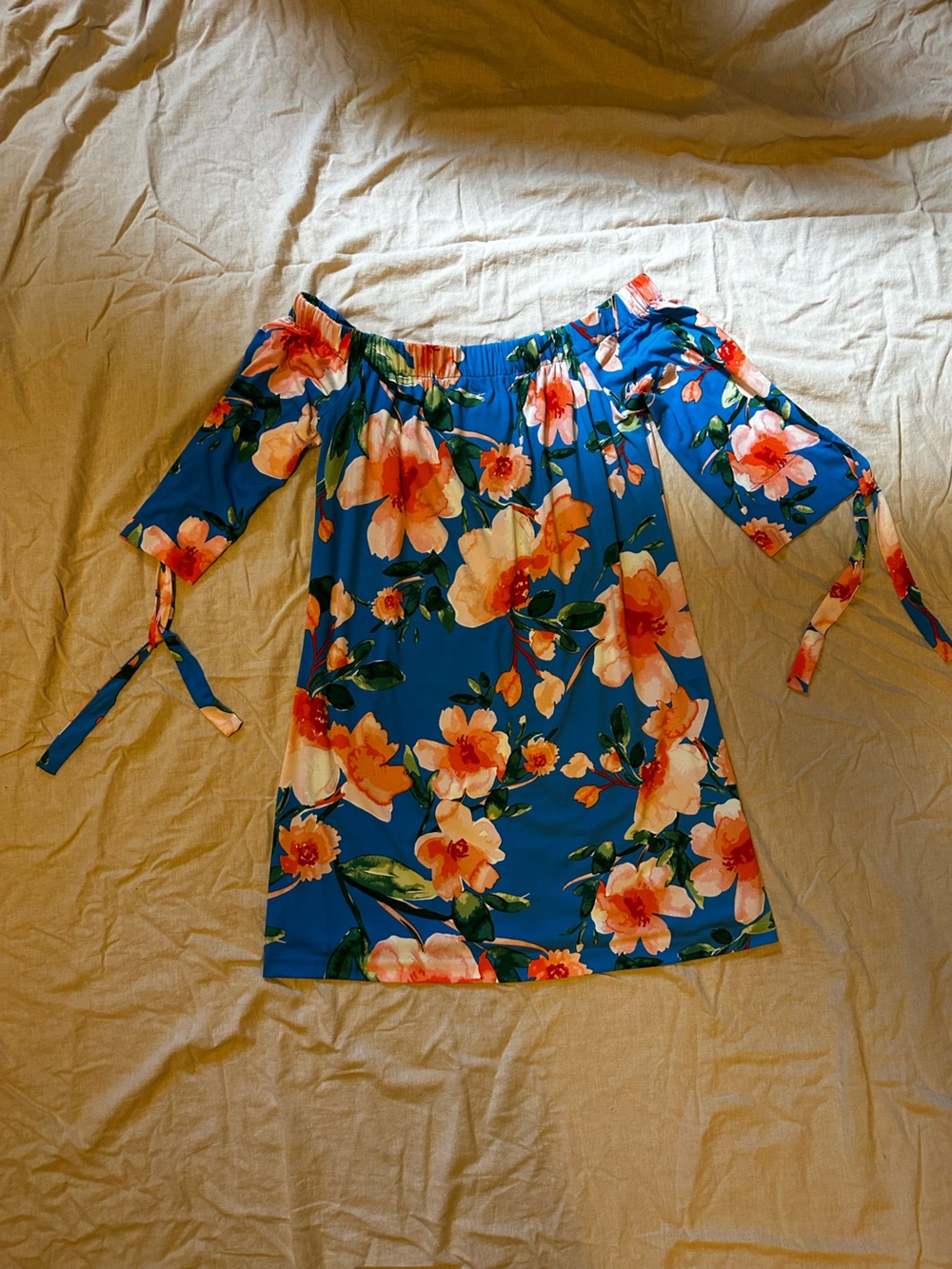 Vince Camuto Blue Floral Off-Shoulder Dress with Orange & Cream Florals